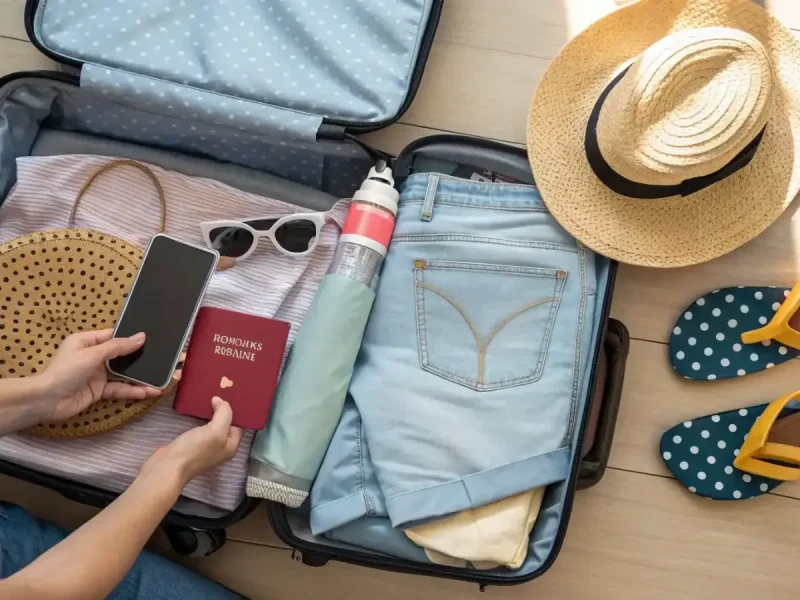 Open suitcase packed with hat, sunglasses, passport and light clothing for a Bali to Komodo cruise