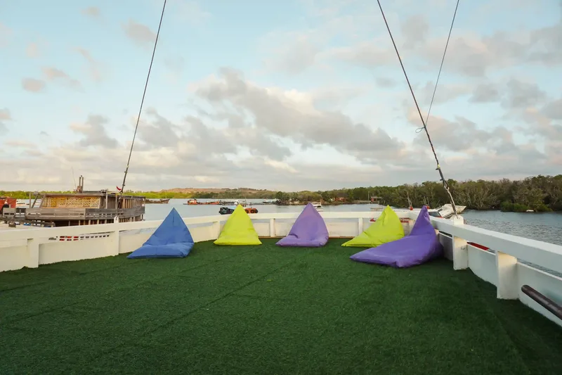 Beanbags on the upper deck of a Komodo liveaboard