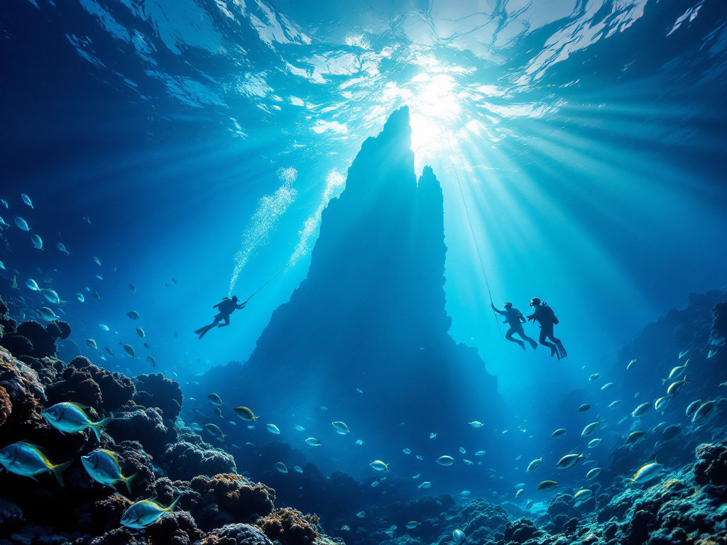 Diver over coral pinnacle at Castle Rock