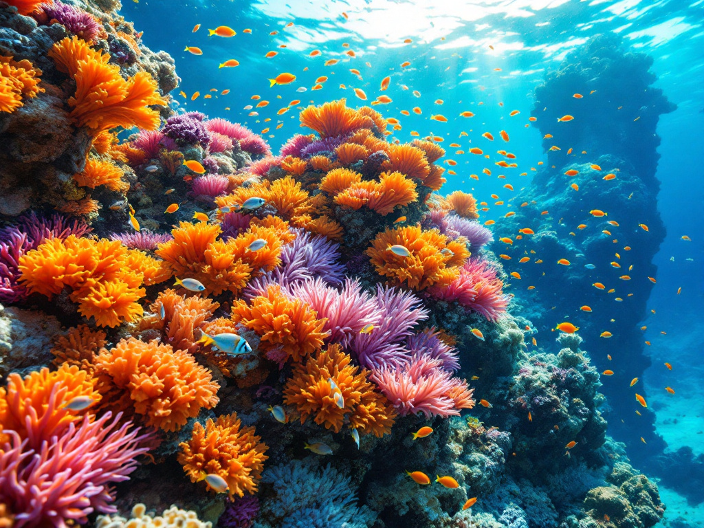 Schooling reef fish over the coral-crowned pinnacle of Crystal Rock in northern Komodo
