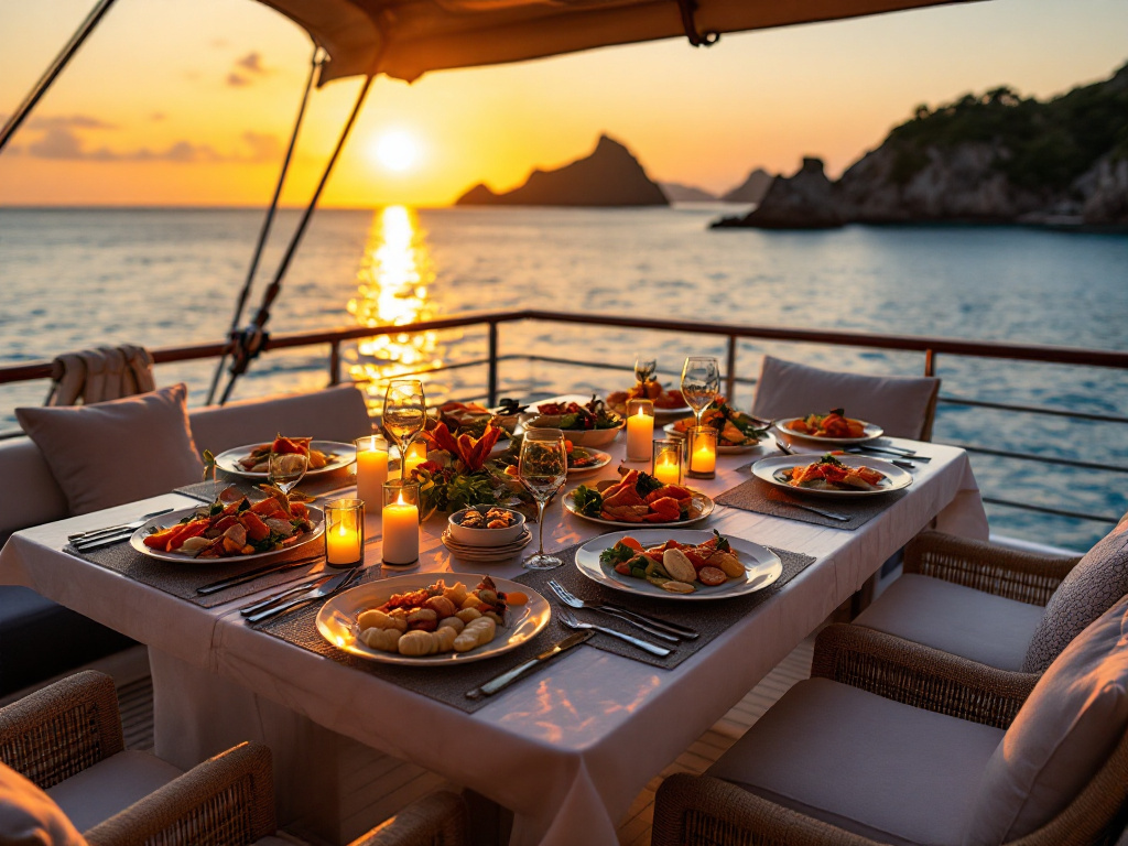 Al fresco fine dining on deck at sunset