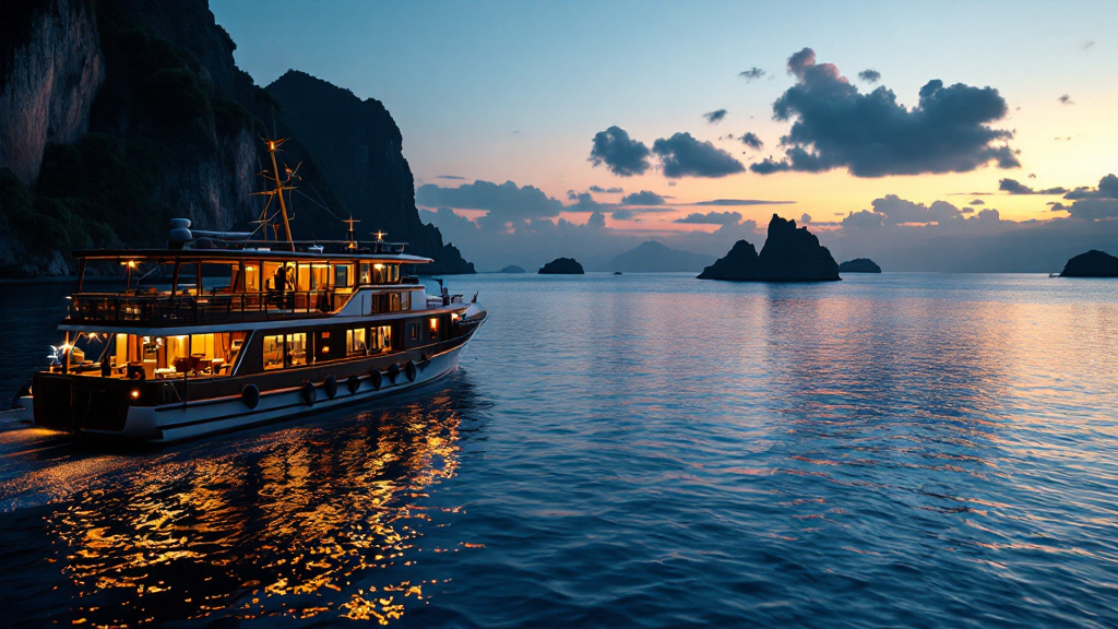 Phinisi under sail between Komodo islands at dusk