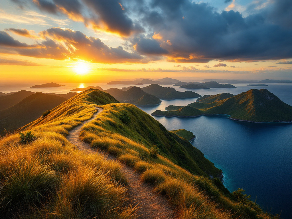 Golden savannah ridgeline of Gili Lawa Darat overlooking blue channels in northern Komodo