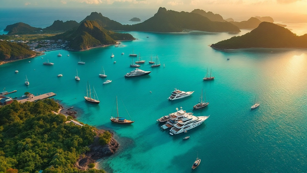 Labuan Bajo harbour at golden hour with phinisi fleet