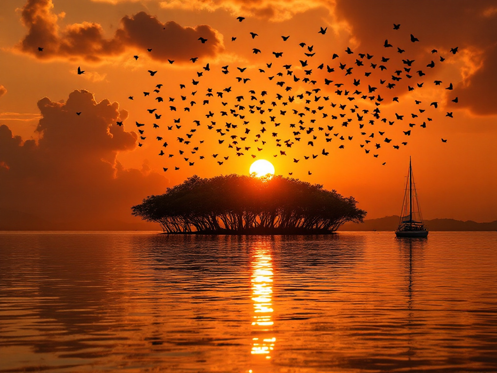 Flying foxes leaving Kalong Island at sunset, watched from a liveaboard deck