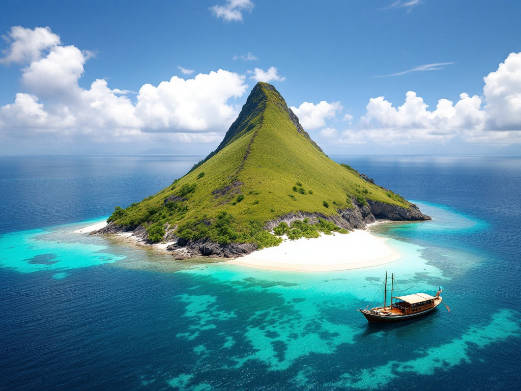 Kelor Island's steep green ridge rising above white sand and turquoise shallows near Labuan Bajo