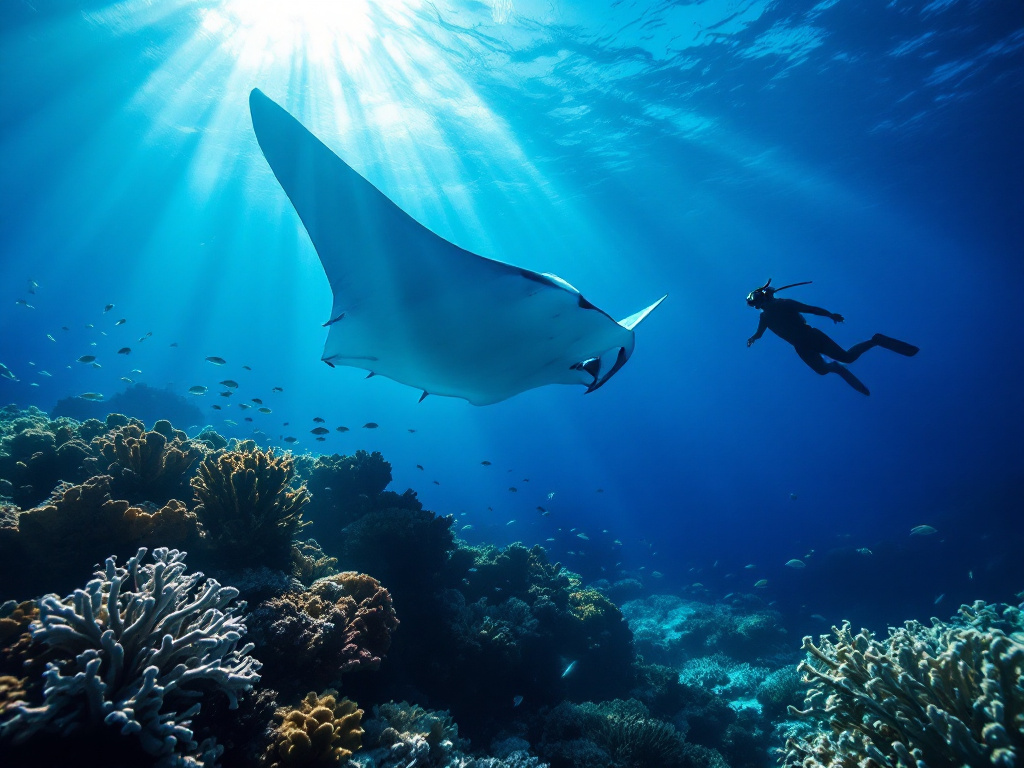 Manta ray gliding over cleaning station