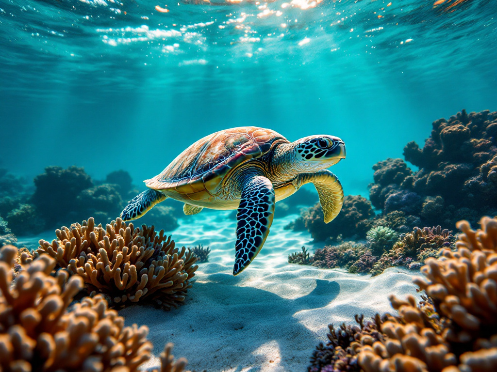 Green sea turtle swimming over seagrass in the calm shallows of Siaba Besar, Komodo